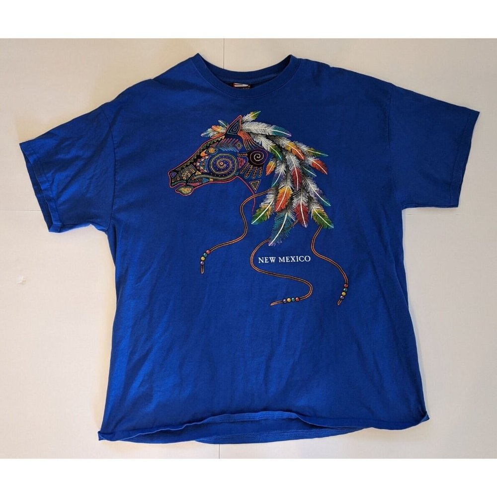 BLUE RAISED INK NEW MEXICO NATIVE AMERICAN HORSE GRAPHIC T SHIRT SIZE XL